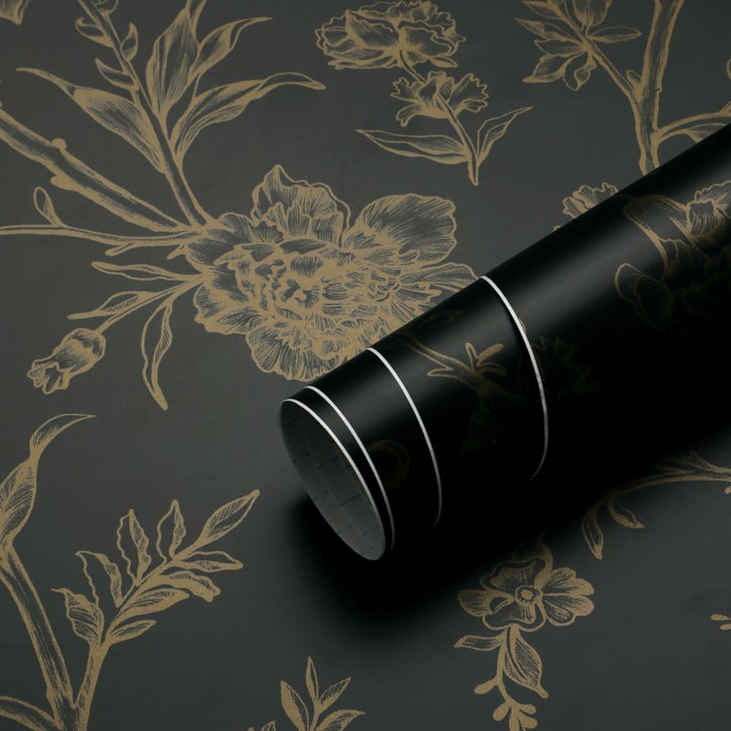 Safiyya Peel and Stick Wallpaper Gold and Black Contact Paper Floral Birds Wallpaper Peel and Stick Removable Wallpapr Boho Flower Wall Paper for Cabinets Vinyl Rolls 118x173