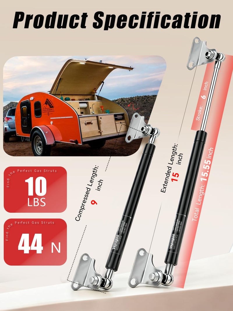 Vepagoo Gas Struts 15 Inch 10Lb/44N Shock with Brackets, RV Bed Storage Door Lift Kit, Heavy Lid Duty Springs (Fit 8lb-11lb Lid), 2pcs (1pair) - Image 2