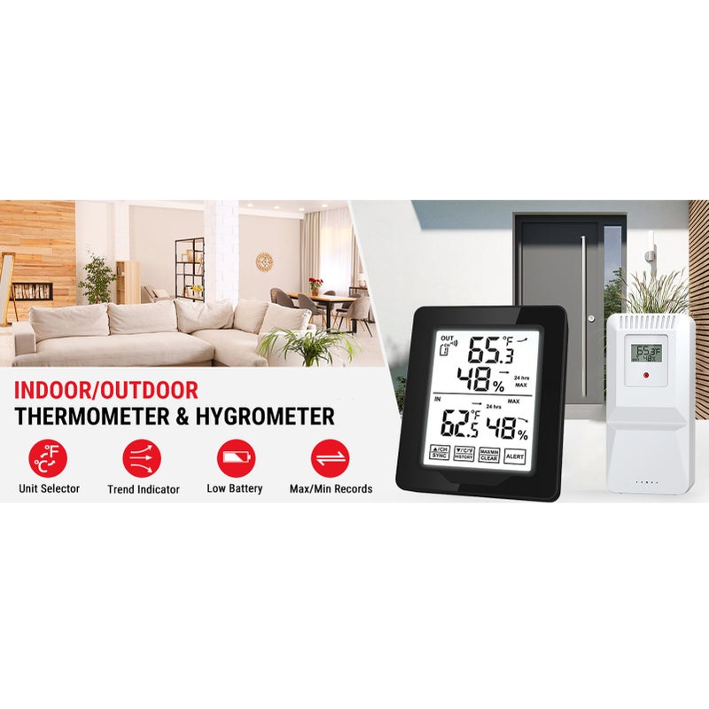 Weather Station Indoor Outdoor Thermometer Digital Thermometer Humidity Monitor with White Backlight Accurate Temperature Humidity Gauge - Image 3