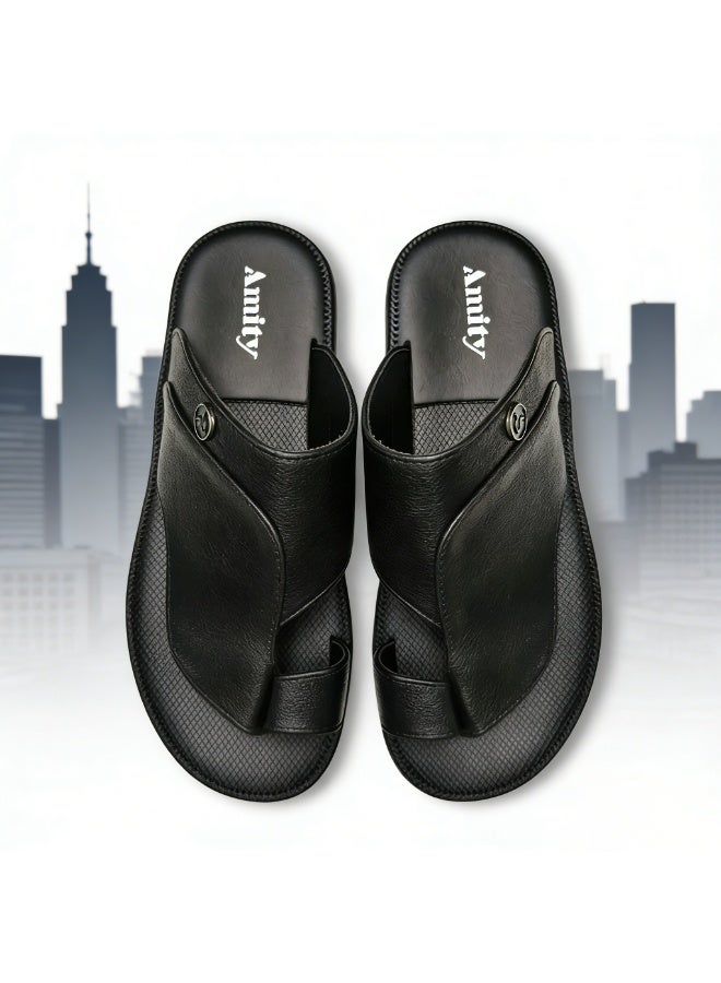 Men's Arabic-Style Black Toe-Ring Slippers, With Fixed Metal Round Decorative Buckle, Flat Casual Slippers, Soft And Non-Slip Summer Slippers, For Everyday Indoor And Outdoor Wear - Image 1