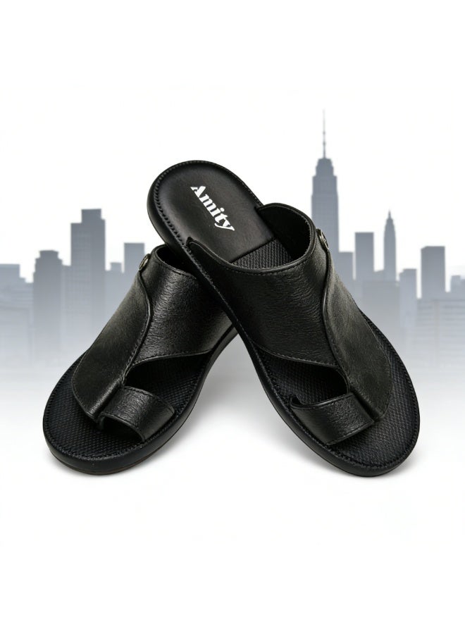 Men's Arabic-Style Black Toe-Ring Slippers, With Fixed Metal Round Decorative Buckle, Flat Casual Slippers, Soft And Non-Slip Summer Slippers, For Everyday Indoor And Outdoor Wear - Image 4