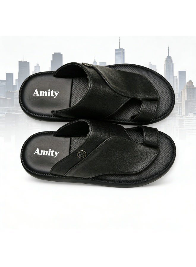 Men's Arabic-Style Black Toe-Ring Slippers, With Fixed Metal Round Decorative Buckle, Flat Casual Slippers, Soft And Non-Slip Summer Slippers, For Everyday Indoor And Outdoor Wear - Image 2