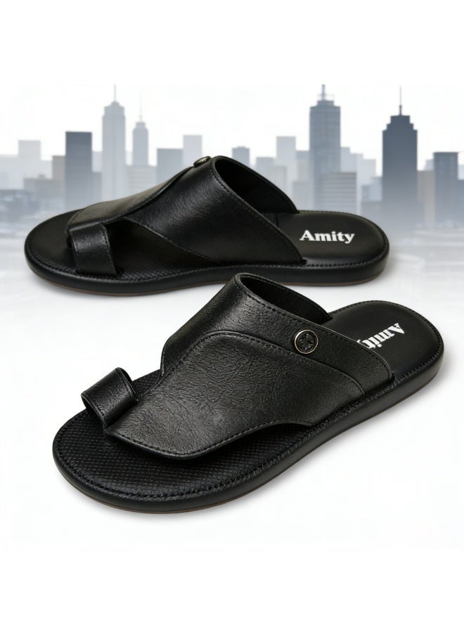 Men's Arabic-Style Black Toe-Ring Slippers, With Fixed Metal Round Decorative Buckle, Flat Casual Slippers, Soft And Non-Slip Summer Slippers, For Everyday Indoor And Outdoor Wear - Image 3