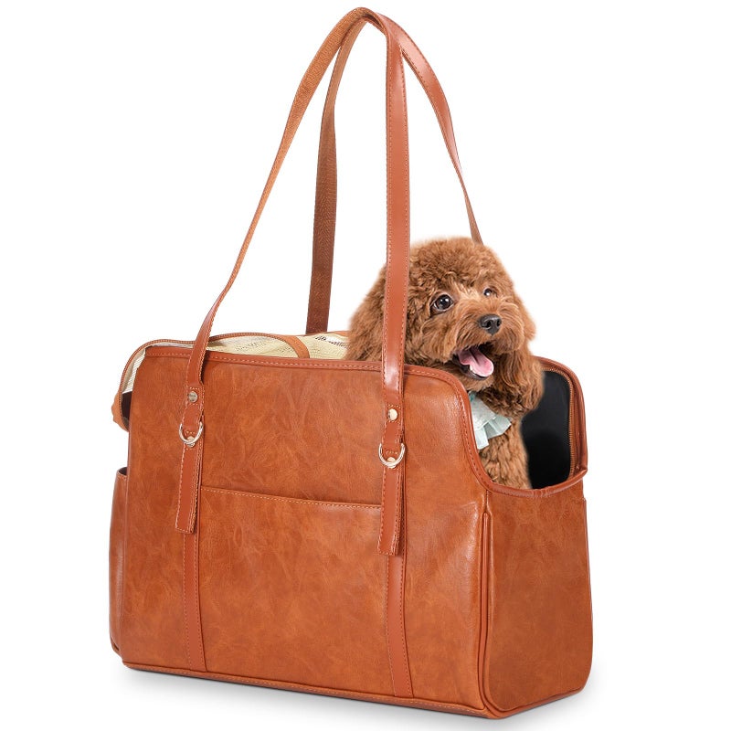 Lasaviin Dog Carrier Purse Fashion Leather Pet Carrier with Pockets Airline Approved Soft Sided Dog Carrying Bag for Puppy Cat Dog Brown - Image 2