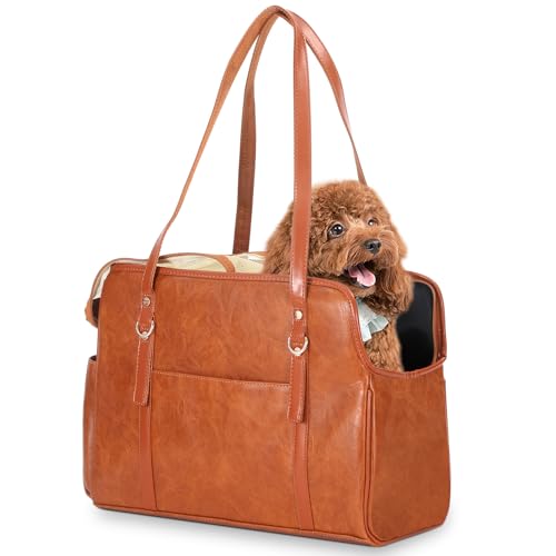 Lasaviin Dog Carrier Purse Fashion Leather Pet Carrier with Pockets Airline Approved Soft Sided Dog Carrying Bag for Puppy Cat Dog Brown - Image 1