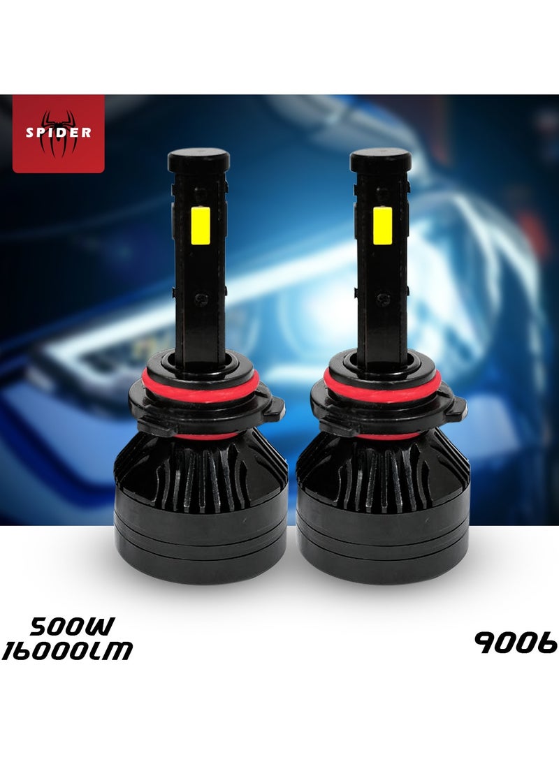 مصابيح أمامية LED Spider عالية الأداء، 9006 500 وات 16000 لومن، فائقة السطوع، سهلة التركيب، تدوم طويلاً، يمكن استخدامها في جميع الأحوال الجوية