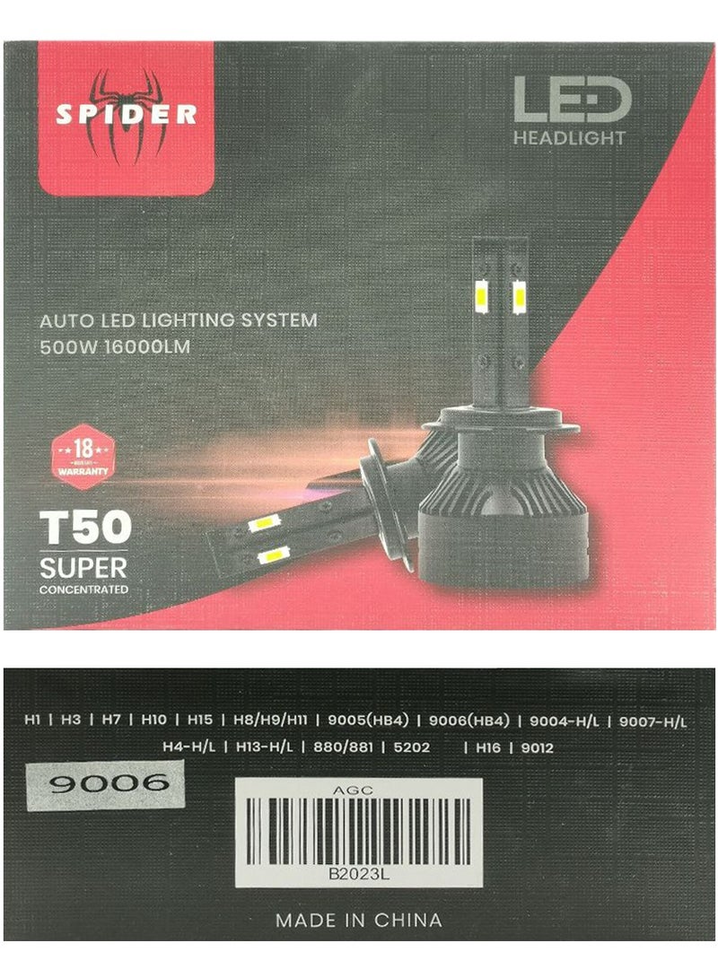 مصابيح أمامية LED Spider عالية الأداء، 9006 500 وات 16000 لومن، فائقة السطوع، سهلة التركيب، تدوم طويلاً، يمكن استخدامها في جميع الأحوال الجوية