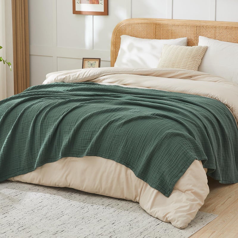 EMME Cotton Muslin Queen Blanket Bed Layering Breathable Gauze Blanket Soft Lightweight Blankets Adults (Forest Green, 90"x90") - Image 4