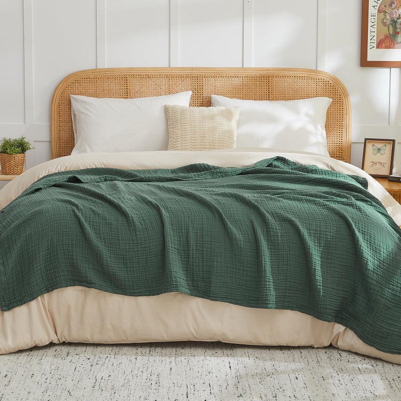 EMME Cotton Muslin Queen Blanket Bed Layering Breathable Gauze Blanket Soft Lightweight Blankets Adults (Forest Green, 90"x90") - Image 1