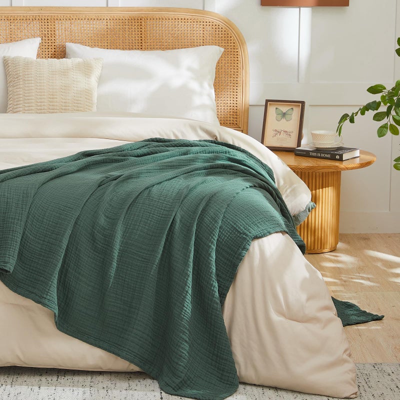 EMME Cotton Muslin Queen Blanket Bed Layering Breathable Gauze Blanket Soft Lightweight Blankets Adults (Forest Green, 90"x90") - Image 5
