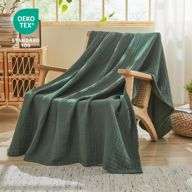EMME Cotton Muslin Queen Blanket Bed Layering Breathable Gauze Blanket Soft Lightweight Blankets Adults (Forest Green, 90"x90") - Image 3