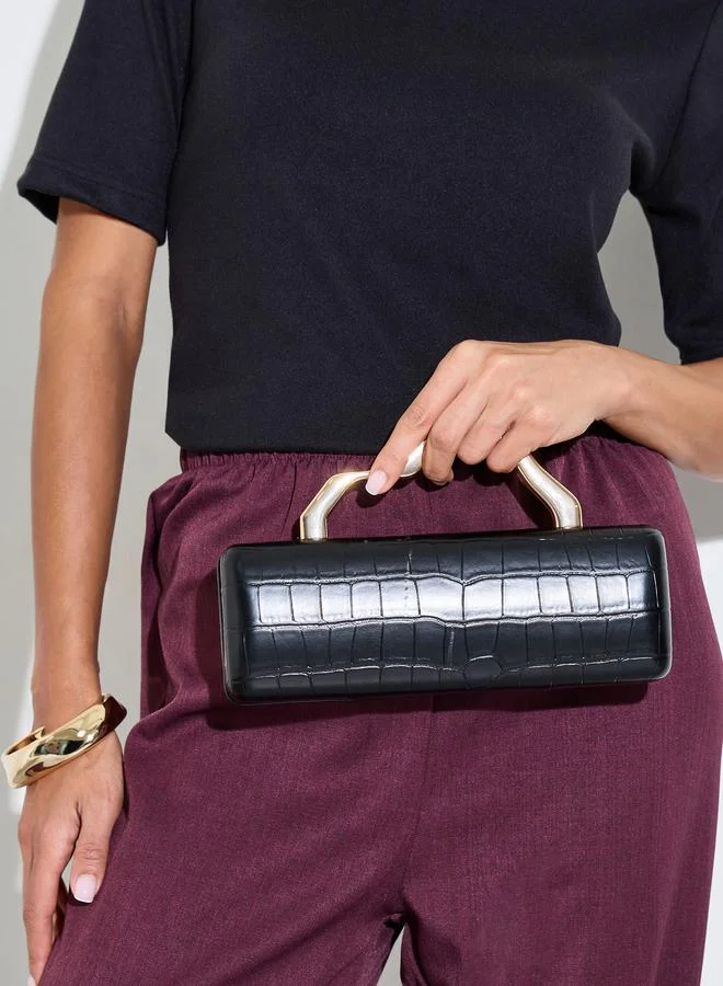 Styli  Black Croc-Embossed Clutch with Gold Sculptural Handle for Women | Best Price UAE