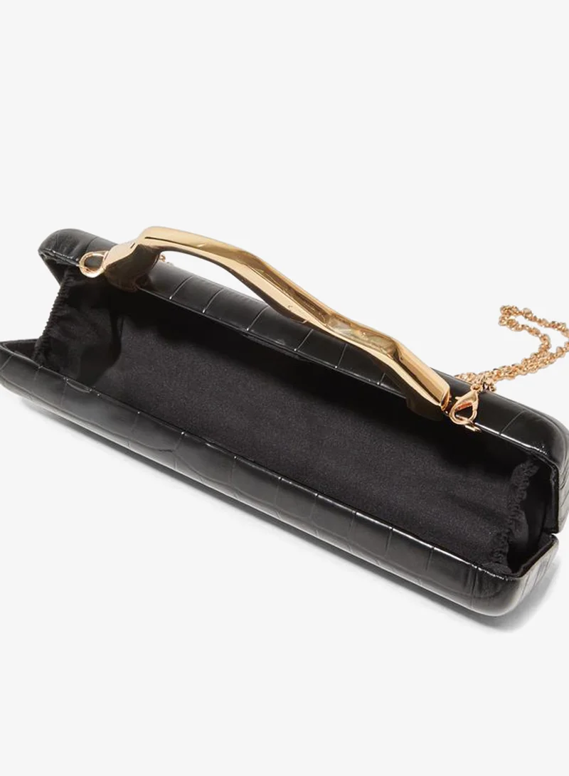 Styli  Black Croc-Embossed Clutch with Gold Sculptural Handle for Women | Best Price UAE