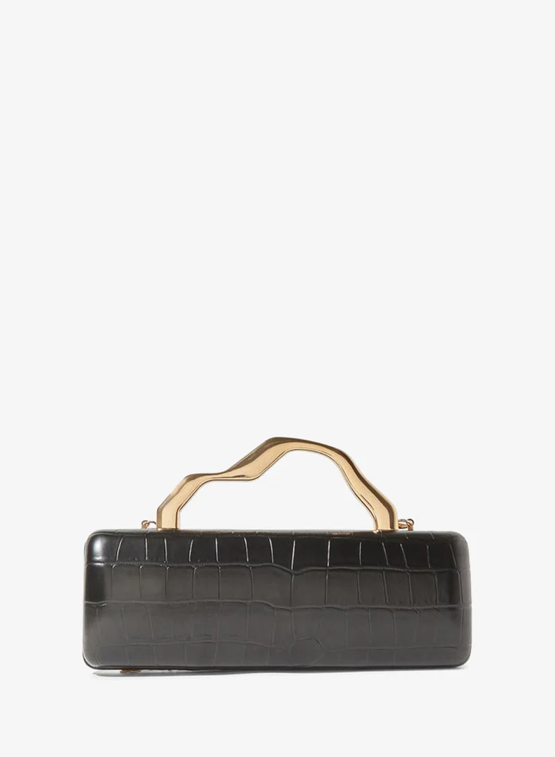 Styli  Black Croc-Embossed Clutch with Gold Sculptural Handle for Women | Best Price UAE