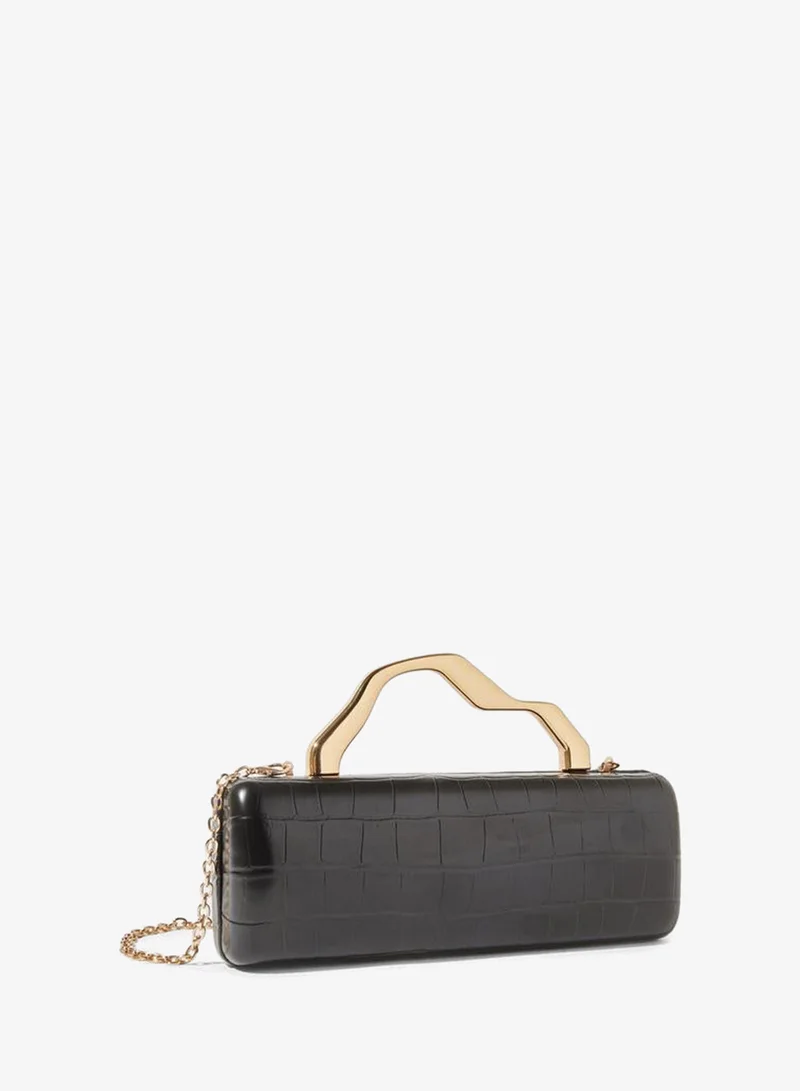 Black Croc-Embossed Clutch with Gold Sculptural Handle
