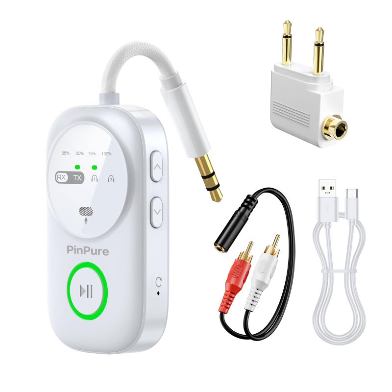 PinPure Bluetooth 5.4 Transmitter Receiver for 2 AirPods/Headphones, 2-in-1 Wireless Adapter with Microphone, Audio Adapter with 3.5mm Audio Jack, Suitable for Airplane, Car, TV, PC, Home Stereo - Image 1