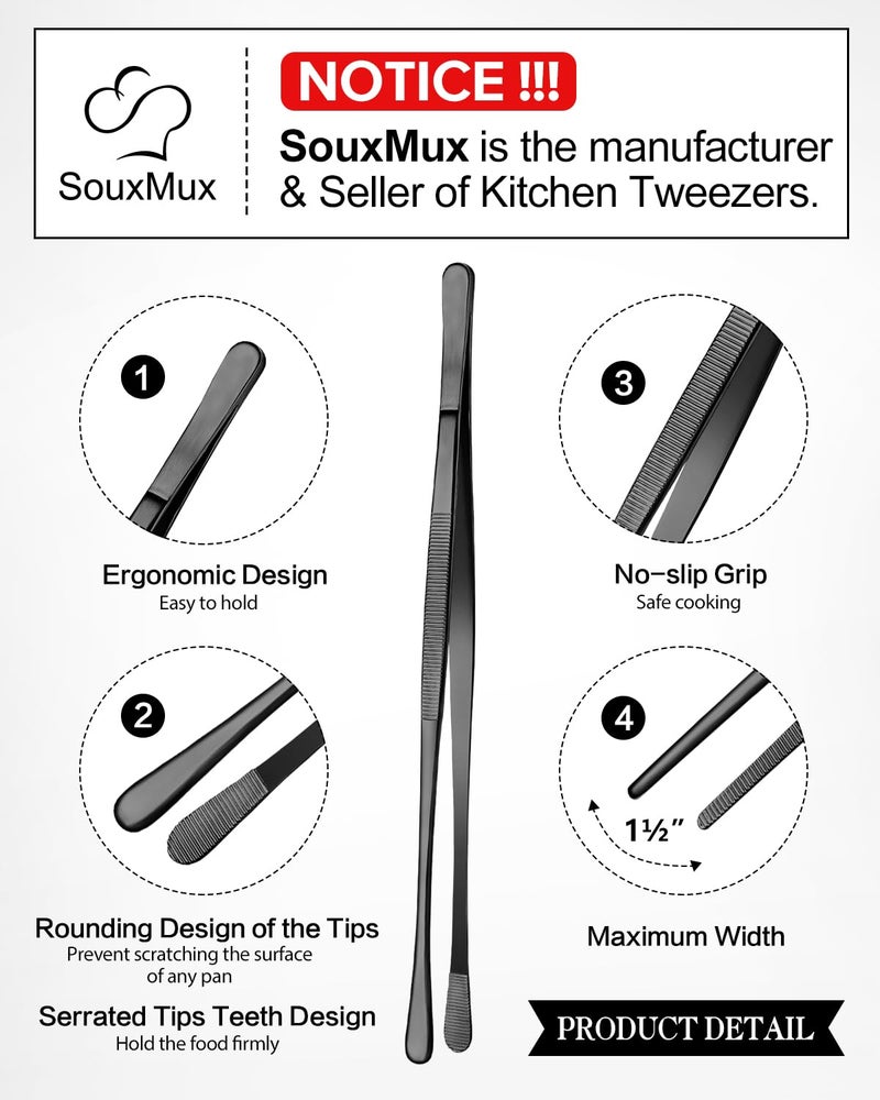 SouxMux 2 Pcs 10-inch Cooking Tweezers Tongs Precision Serrated Tips, Stainless Steel Professional Chef Tweezer Kitchen Tools for BBQ, Plating and Serving (Black) - Image 2