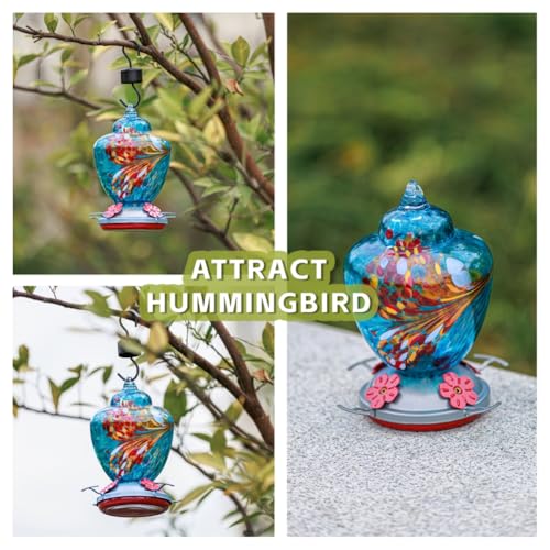REZIPO Hummingbird Feeder with Perch - Hand Blown Glass - Blue - 38 Fluid Ounces Hummingbird Nectar Capacity Include Hanging Wires and Moat Hook - Image 5