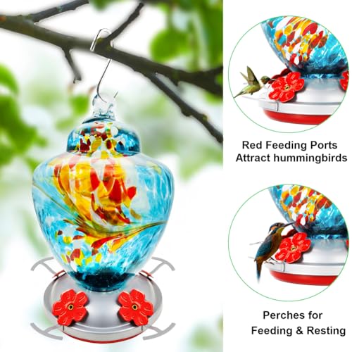 REZIPO Hummingbird Feeder with Perch - Hand Blown Glass - Blue - 38 Fluid Ounces Hummingbird Nectar Capacity Include Hanging Wires and Moat Hook - Image 2