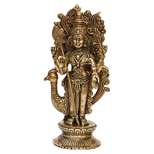 ARTVARKO Lord Murugan KartikeyaBrass Idol Swaminatha Skanda Swami Ji Kartik Statue Subramanya Gold Color 9 Inch - Image 1