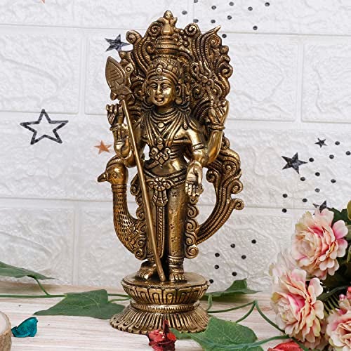 ARTVARKO Lord Murugan KartikeyaBrass Idol Swaminatha Skanda Swami Ji Kartik Statue Subramanya Gold Color 9 Inch - Image 5