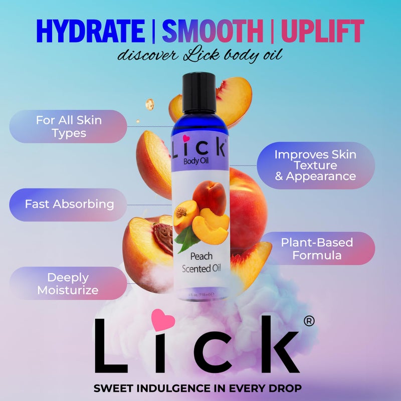 LICK زيت الجسم المعطر بنكهة الخوخ من LICK - زيت مرطب فاخر لبشرة متألقة، غني بزيوت الخروع، اللوز، الجوجوبا، وفيتامين E. مثالي للتدليك، والعناية اليومية 4 أونصة سائلة. - Image 5