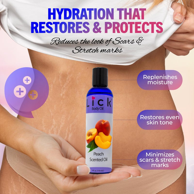 LICK زيت الجسم المعطر بنكهة الخوخ من LICK - زيت مرطب فاخر لبشرة متألقة، غني بزيوت الخروع، اللوز، الجوجوبا، وفيتامين E. مثالي للتدليك، والعناية اليومية 4 أونصة سائلة. - Image 3