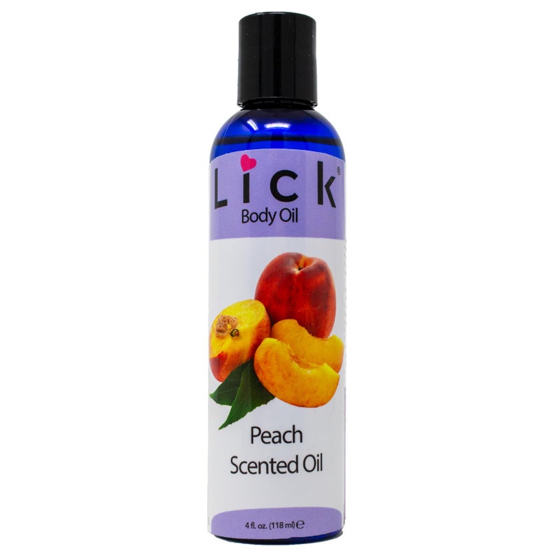 LICK زيت الجسم المعطر بنكهة الخوخ من LICK - زيت مرطب فاخر لبشرة متألقة، غني بزيوت الخروع، اللوز، الجوجوبا، وفيتامين E. مثالي للتدليك، والعناية اليومية 4 أونصة سائلة. - Image 1