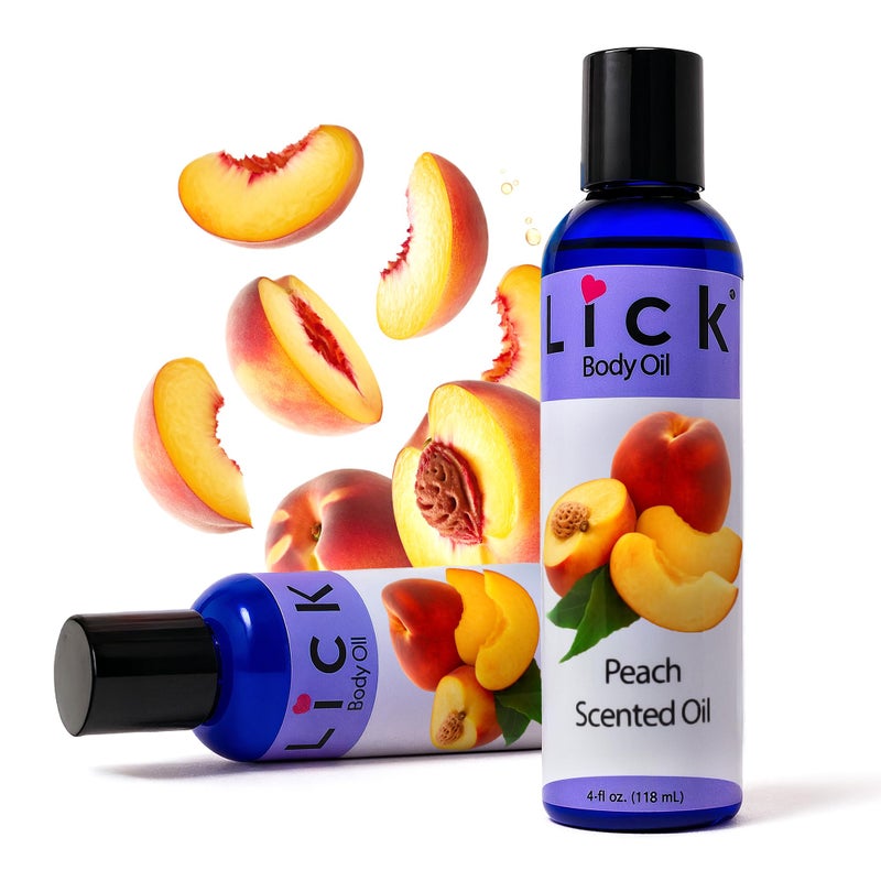 LICK زيت الجسم المعطر بنكهة الخوخ من LICK - زيت مرطب فاخر لبشرة متألقة، غني بزيوت الخروع، اللوز، الجوجوبا، وفيتامين E. مثالي للتدليك، والعناية اليومية 4 أونصة سائلة. - Image 4
