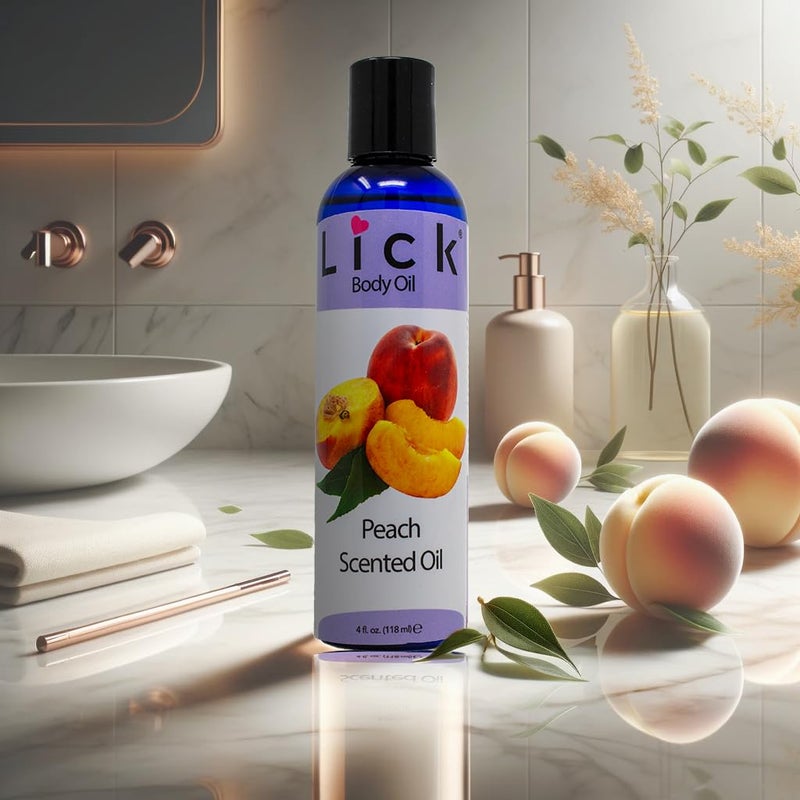 LICK زيت الجسم المعطر بنكهة الخوخ من LICK - زيت مرطب فاخر لبشرة متألقة، غني بزيوت الخروع، اللوز، الجوجوبا، وفيتامين E. مثالي للتدليك، والعناية اليومية 4 أونصة سائلة. - Image 2
