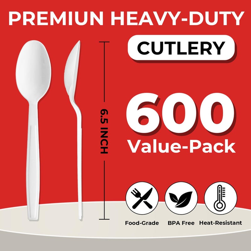 biocean 600Pack Disposable Plastic Spoons Bulk White Heavy Duty Silverware - Value Pack Cutlery Set For Parties  Restaurant (600SPOONS) - Image 1