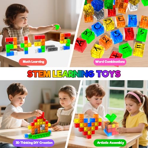 Annexfun 56PCS Magnetic Blocks Transparent Magnetic Cubes Toddlers Building BlocksMontessori Preschool STEM Educational Sensory Toys for Kids Ages 3 Boys Girls Birthday Gifts 1IN - Image 5