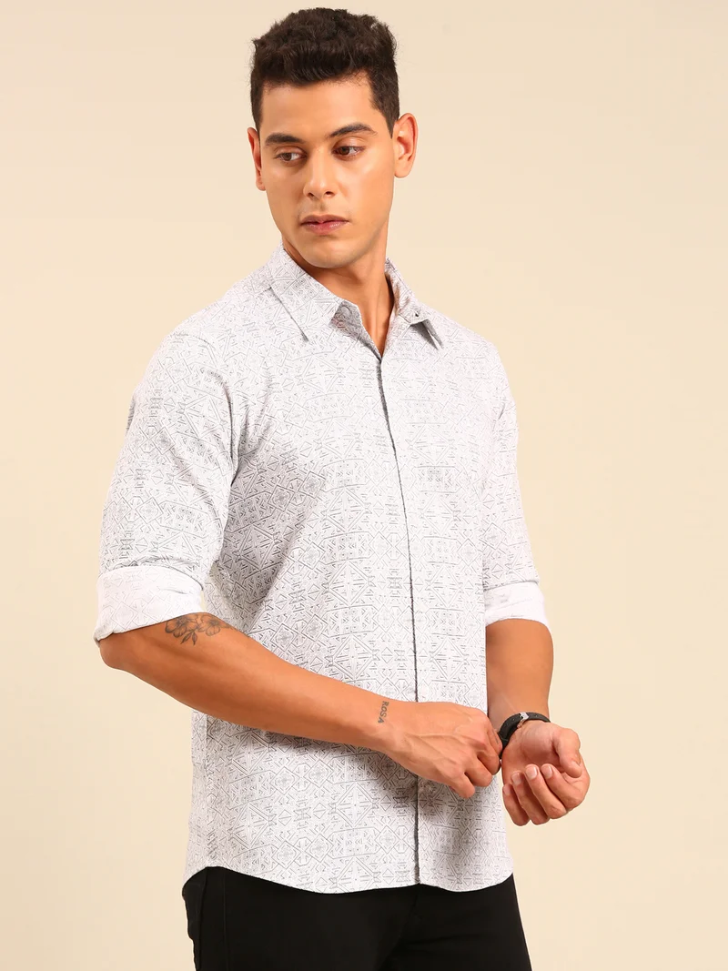 جوفن قميص قطني أبيض مطبوع للرجال