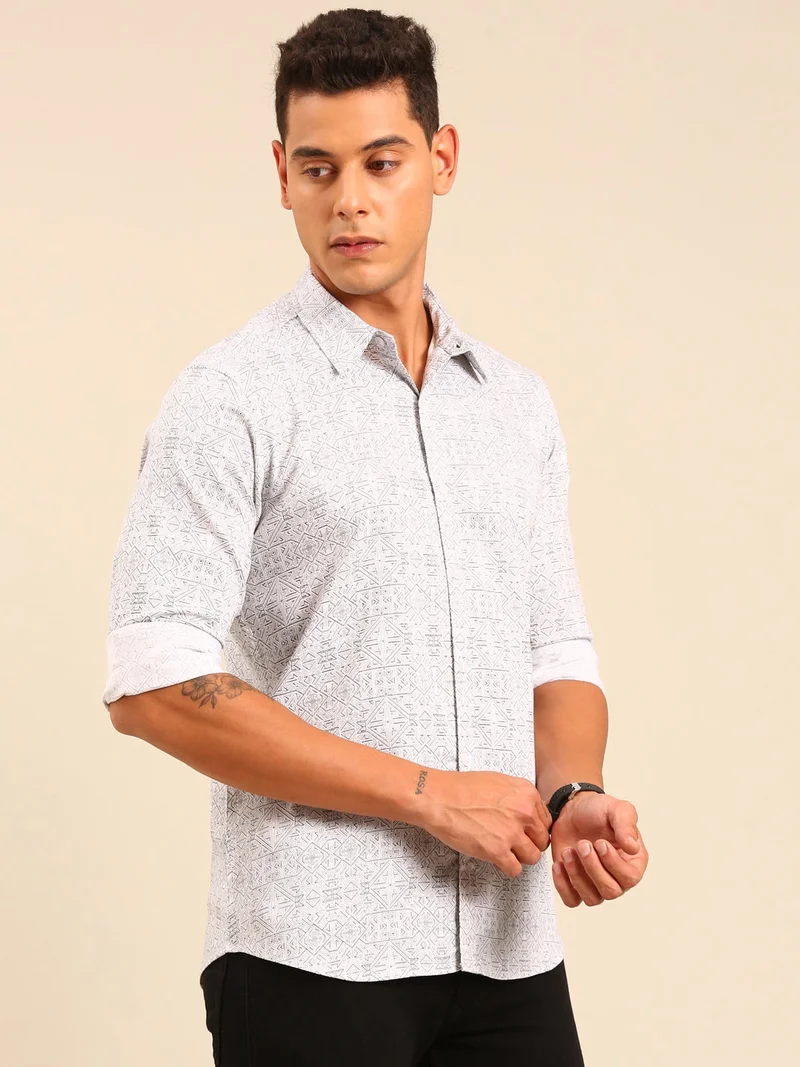 جوفن قميص قطني أبيض مطبوع للرجال