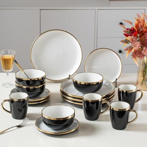 REANRO Black and Gold Ceramic Dinnerware Sets for 4, 16-Piece Luxury Plates and Bowls Sets with Gold Rim, Modern Dish Set for Wedding Christmas Anniversary, Crack Resistant | Dishwasher Safe (Black) - Image 1