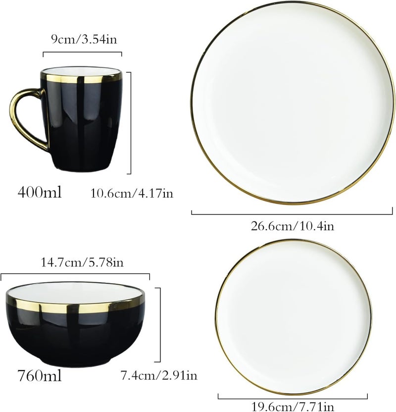 REANRO Black and Gold Ceramic Dinnerware Sets for 4, 16-Piece Luxury Plates and Bowls Sets with Gold Rim, Modern Dish Set for Wedding Christmas Anniversary, Crack Resistant | Dishwasher Safe (Black) - Image 2