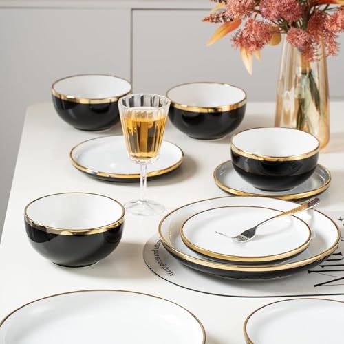 REANRO Black and Gold Ceramic Dinnerware Sets for 4, 16-Piece Luxury Plates and Bowls Sets with Gold Rim, Modern Dish Set for Wedding Christmas Anniversary, Crack Resistant | Dishwasher Safe (Black) - Image 3