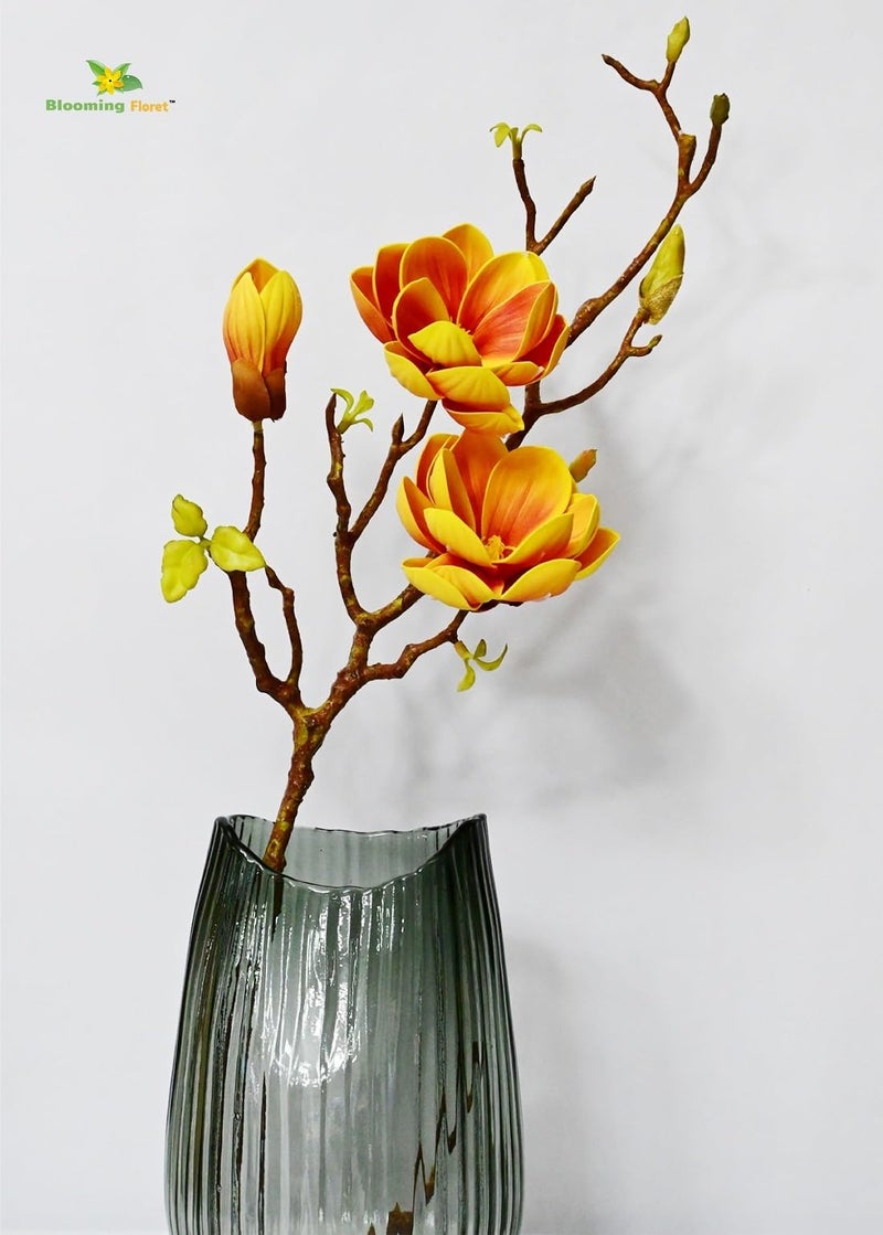 Blooming Floret Artificial Magnolia Ikebana Flower Stick | 80 cm Tall | Realistic Faux Yellow Magnolia Stem for Home, Office & Wedding Décor | Natural-Looking Flower Stems - Image 1