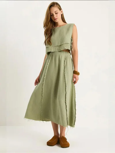 Bianco Lucci LUCCI Textured Blouse & Skirt Muslin Fabric Two-Piece Set