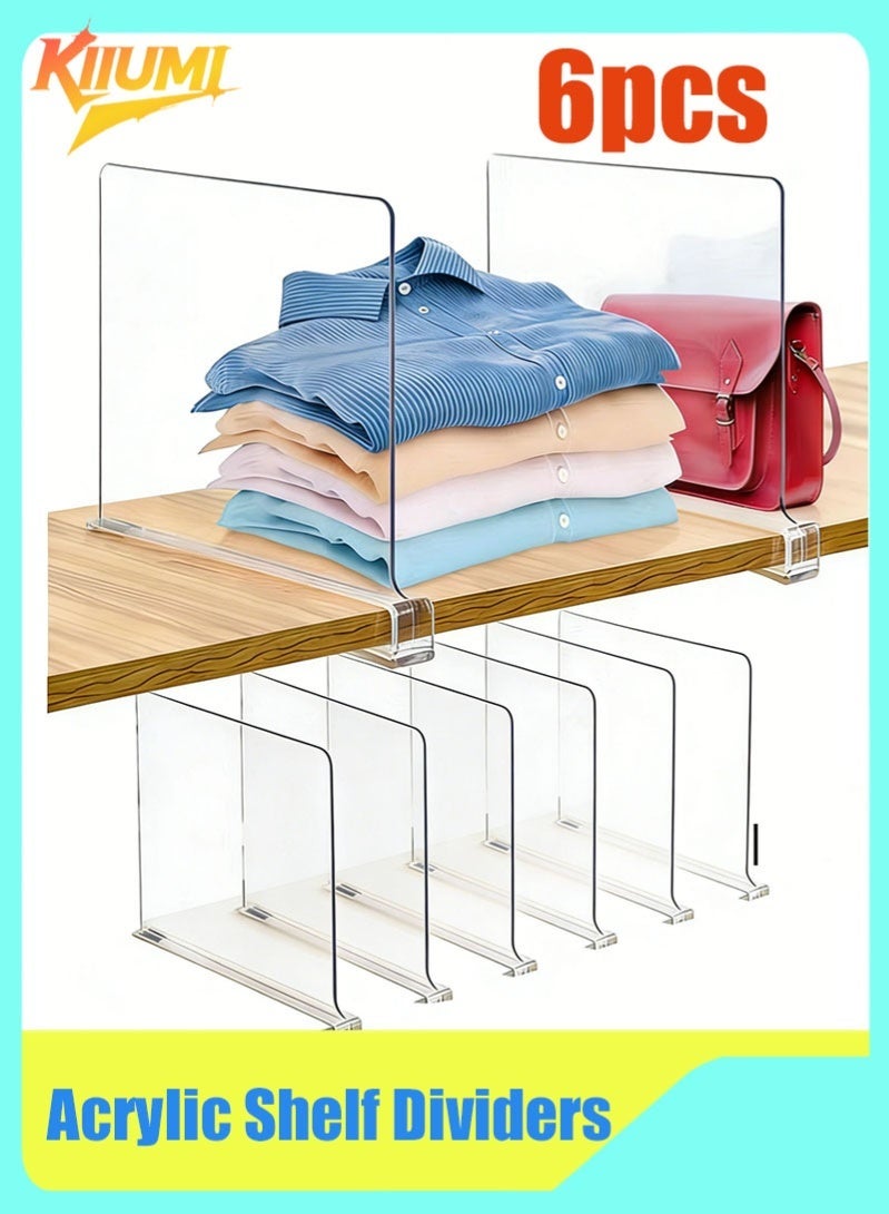 KIIUMI 6-Pack Closet Shelf Divider, Vertical Closet Separators and Handbag Storage Rack, Adjustable Clear Acrylic Shelf Dividers for Organizing Purses, Clothes, Books, Multifunctional Shelves Organizer for Bedroom, Kitchen, Cabinet - Image 1