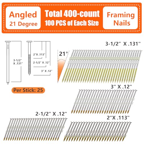 SITLDY 21 Degree Framing Nails 4 SIZES (2"+2-1/2"+3.0") Ring Shank+3-1/2" Smooth Shank), Full Round Head Hot Dipped Galvanized, 100 per Size, 400 Count, Assorted Size, 20 to 22 Degree Framing Nailer - Image 2