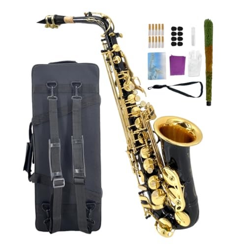 WUQIMUSC Beginner Alto Saxophone, E Flat - Complete Starter Kit with Case & 10 Reeds, for Adults & Students, Easy to Play for School Band & Practice (Black) - Image 1