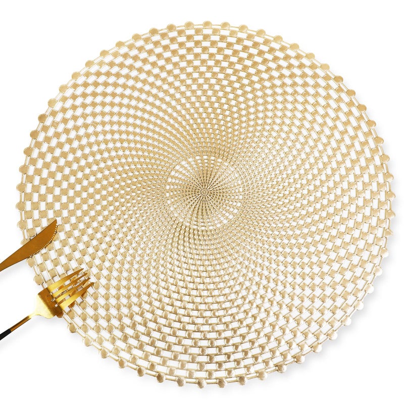 FAVE Set of 6 Gold Vinyl Round Placemats, Washable Spiral Hollow Out for Dining, Events, Home Decor & Daily Use (15 Inch) - Image 1
