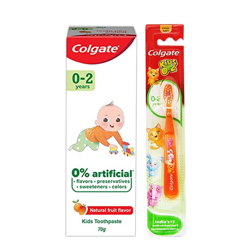 Colgate معجون أسنان كولجيت للأطفال (0-2 سنوات)، بنكهة الفاكهة الطبيعية، 0% صناعي - 70 جرام مع فرشاة أسنان كولجيت للأطفال الناعمة جداً (0-2 سنوات) - 1 قطعة - Image 1