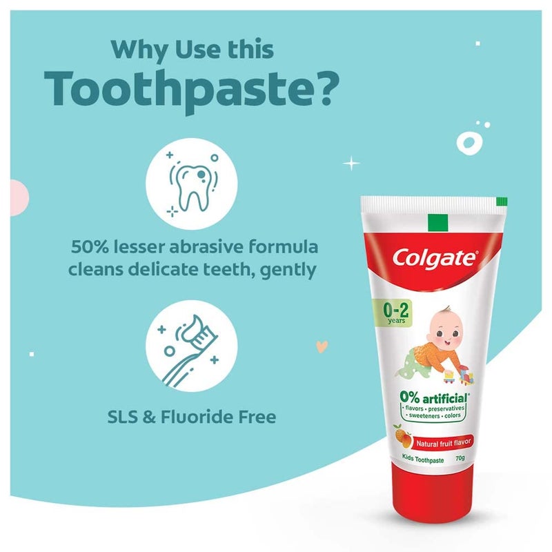 Colgate معجون أسنان كولجيت للأطفال (0-2 سنوات)، بنكهة الفاكهة الطبيعية، 0% صناعي - 70 جرام مع فرشاة أسنان كولجيت للأطفال الناعمة جداً (0-2 سنوات) - 1 قطعة - Image 4