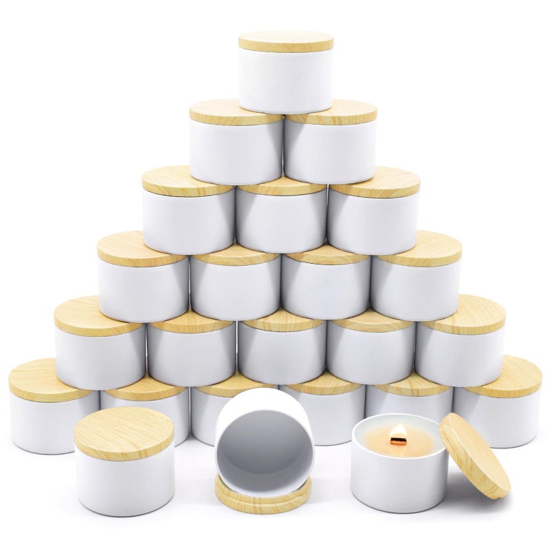 YJHSS 24Pack 8oz Candle Tins with WoodGrain Printing Lids Metal Candle Jars for Candle Making Empty Containers Vessels Bulk for Small Business Beginners DIY Storage Wood White - Image 2