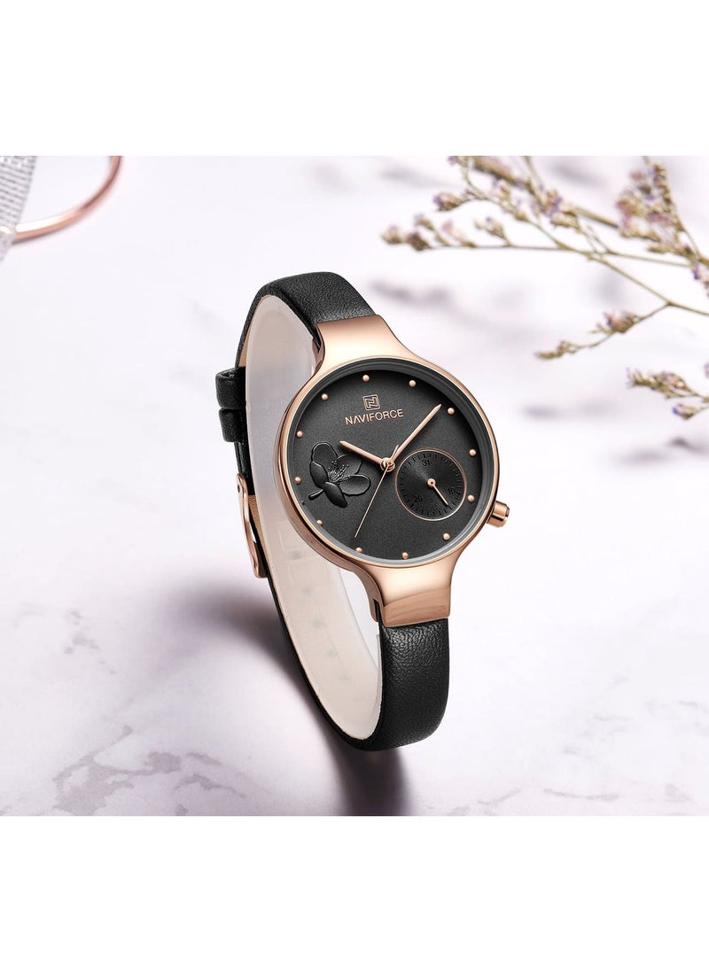 NAVIFORCE Elegant Women's Quartz Watch Stylish Round Dial with Floral Embossed Design Sub-Dial Display Leather Strap Fashionable Timepiece for Everyday Wear and Special Occasions  - Image 3