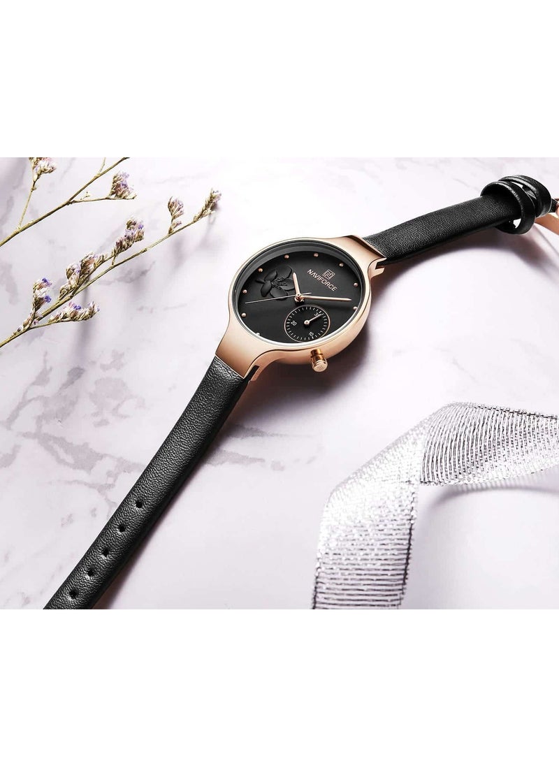NAVIFORCE Elegant Women's Quartz Watch Stylish Round Dial with Floral Embossed Design Sub-Dial Display Leather Strap Fashionable Timepiece for Everyday Wear and Special Occasions  - Image 4