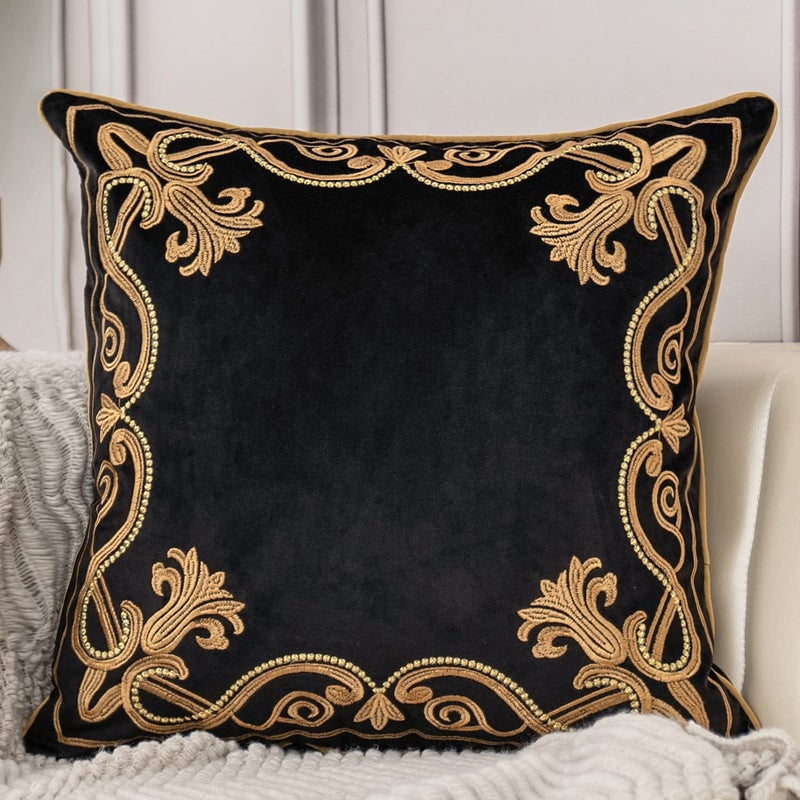 Aeckself European Floral Pillow Cover 20x20 Inch Luxury Velvet Embroidered Decorative Throw Pillow Cover for Couch Bedroom Living Room Black and Gold