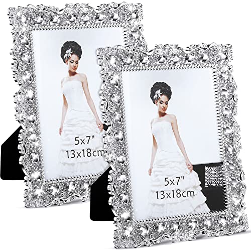 Yookeer 2 Pack 5 x 7 Inch Crystal Picture Frame Resin Wedding Photo Frame Jewel Picture with Rhinestones Photo Gift for Wedding Table Top Desktop Display